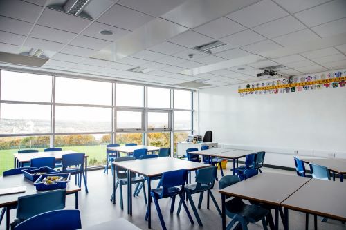 classroom with glass windows